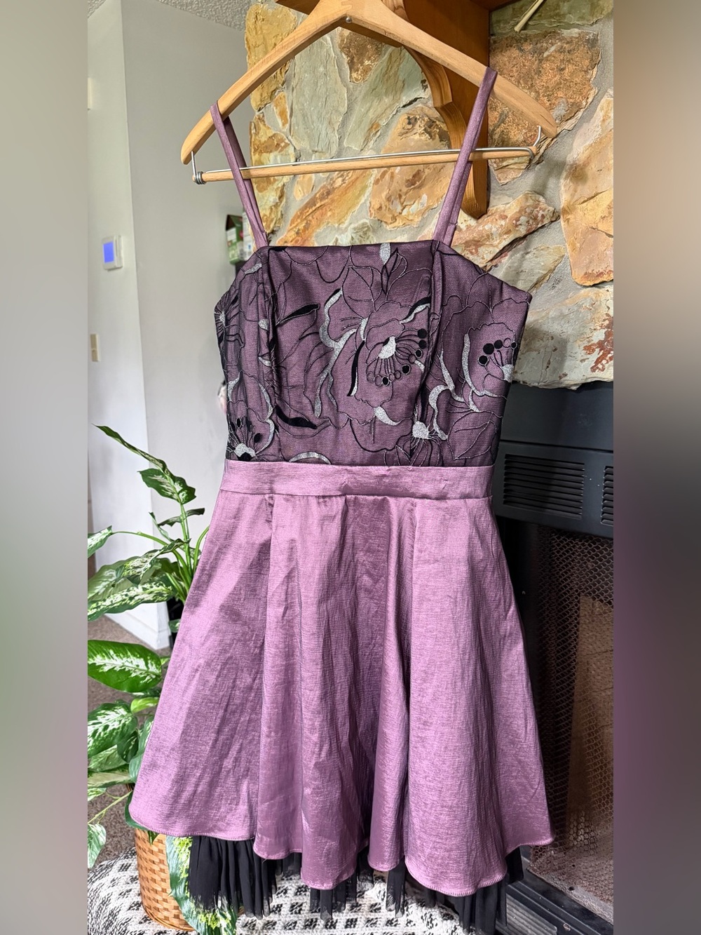 Whimsigoth Purple Floral Bodice A-Line Dress with Black Petticoat Hem